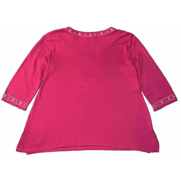JM Collection Women’s L Beaded Embroidered V Neck Cotton Tunic Top Pink - Picture 2 of 13